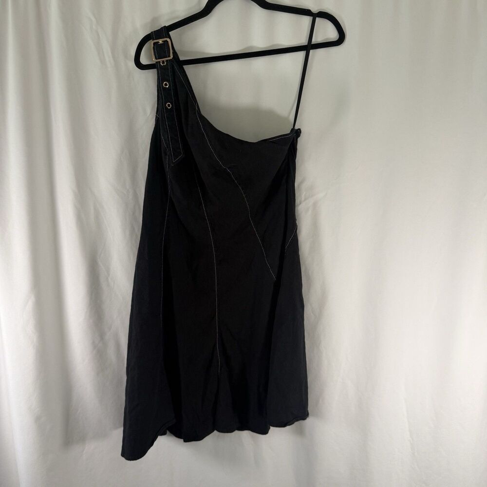Anthropologie Knee Dress Women's Large Black Single Strap Linen Blend Side Zip